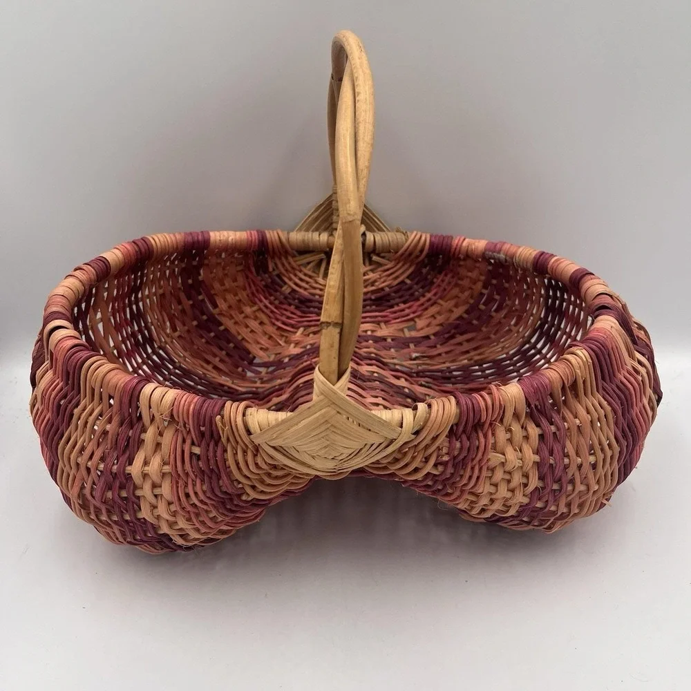 Vintage Egg Collecting Buttocks Basket HandWoven Pink Purple Unique Cottage Core